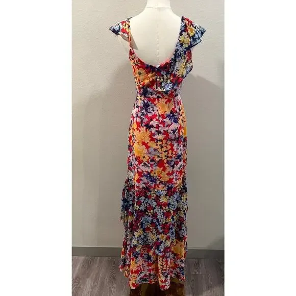 Lulus Ruby Red Floral Print Chiffon Maxi Dress XS Wedding Feminine Date Night - Picture 3 of 7